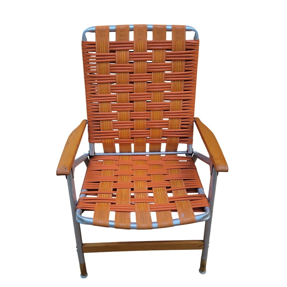 Vintage Mid Century Folding Lawn Chair Orange Vinyl Tubing Webbing Wood Arms